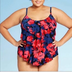 New red floral plus size swimtop